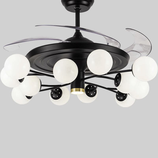 Ball Hanging Fan Light Fixture Minimalist Cream Glass Black Semi Flush Mount with 4 Blades and Remote 12.0 Black Remote Clearhalo 'Ceiling Fans with Lights' 'Ceiling Fans' 'Modern Ceiling Fans' 'Modern' Lighting' 2477534