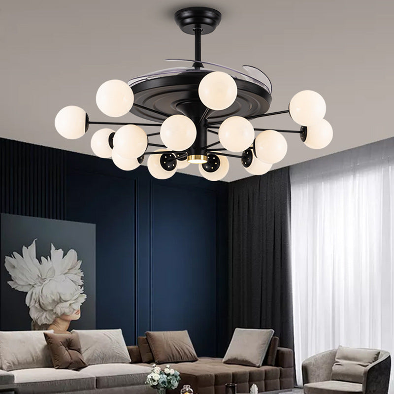 Ball Hanging Fan Light Fixture Minimalist Cream Glass Black Semi Flush Mount with 4 Blades and Remote 16.0 Black Remote Clearhalo 'Ceiling Fans with Lights' 'Ceiling Fans' 'Modern Ceiling Fans' 'Modern' Lighting' 2477535