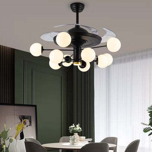 Ball Hanging Fan Light Fixture Minimalist Cream Glass Black Semi Flush Mount with 4 Blades and Remote 10.0 Black Remote Clearhalo 'Ceiling Fans with Lights' 'Ceiling Fans' 'Modern Ceiling Fans' 'Modern' Lighting' 2477536