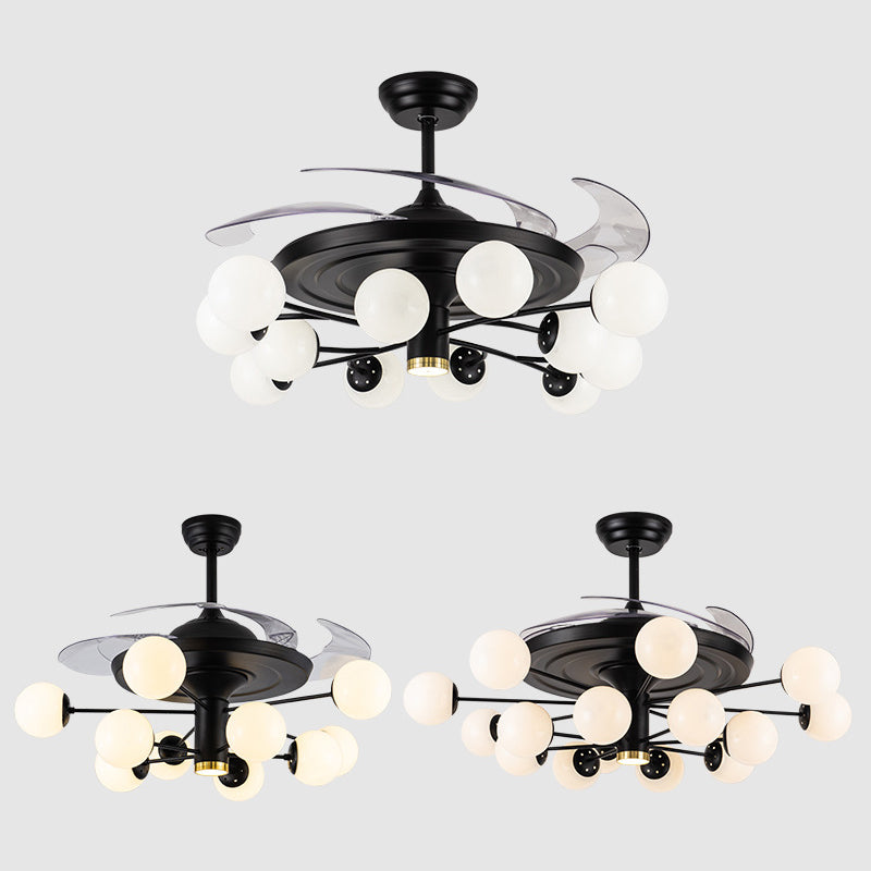 Ball Hanging Fan Light Fixture Minimalist Cream Glass Black Semi Flush Mount with 4 Blades and Remote Clearhalo 'Ceiling Fans with Lights' 'Ceiling Fans' 'Modern Ceiling Fans' 'Modern' Lighting' 2477537