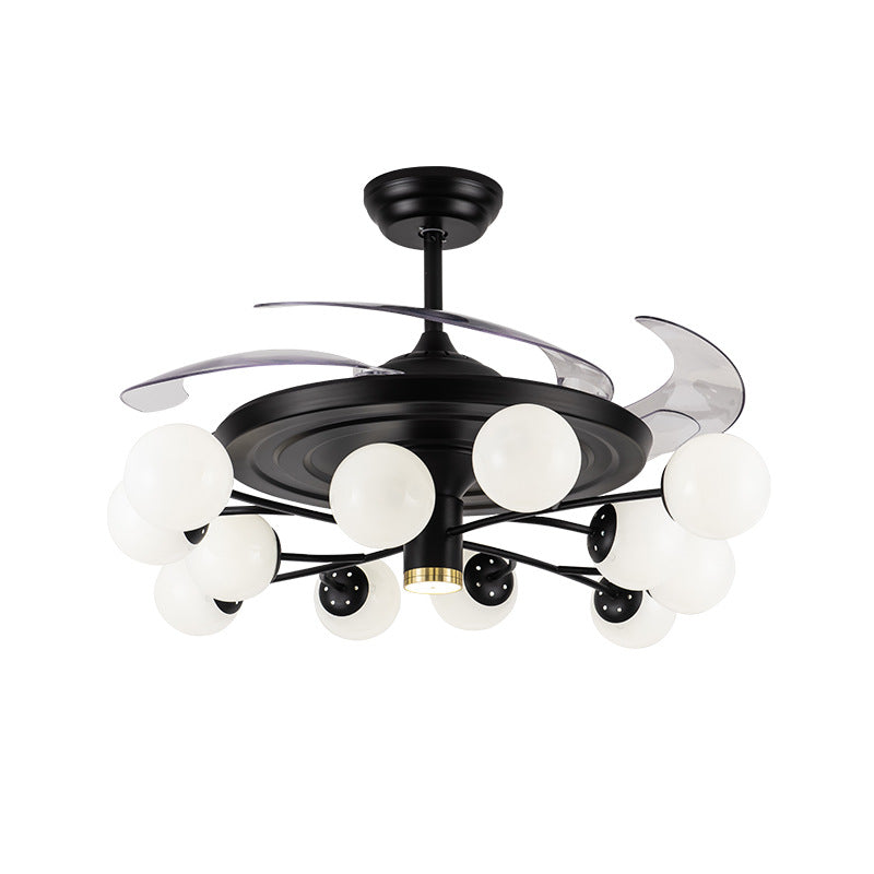 Ball Hanging Fan Light Fixture Minimalist Cream Glass Black Semi Flush Mount with 4 Blades and Remote Clearhalo 'Ceiling Fans with Lights' 'Ceiling Fans' 'Modern Ceiling Fans' 'Modern' Lighting' 2477538