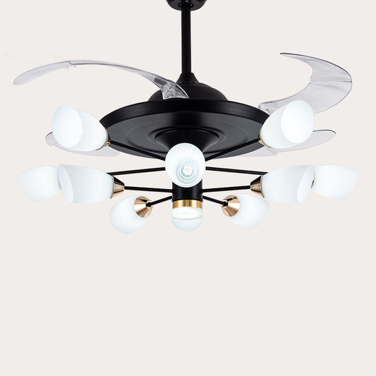 Modern Tulip 4-Blade Hanging Fan Light White Glass 10-Head Living Room Semi Flush Chandelier in Black, 42" W 10.0 Black Clearhalo 'Ceiling Fans with Lights' 'Ceiling Fans' 'Modern Ceiling Fans' 'Modern' Lighting' 2477539