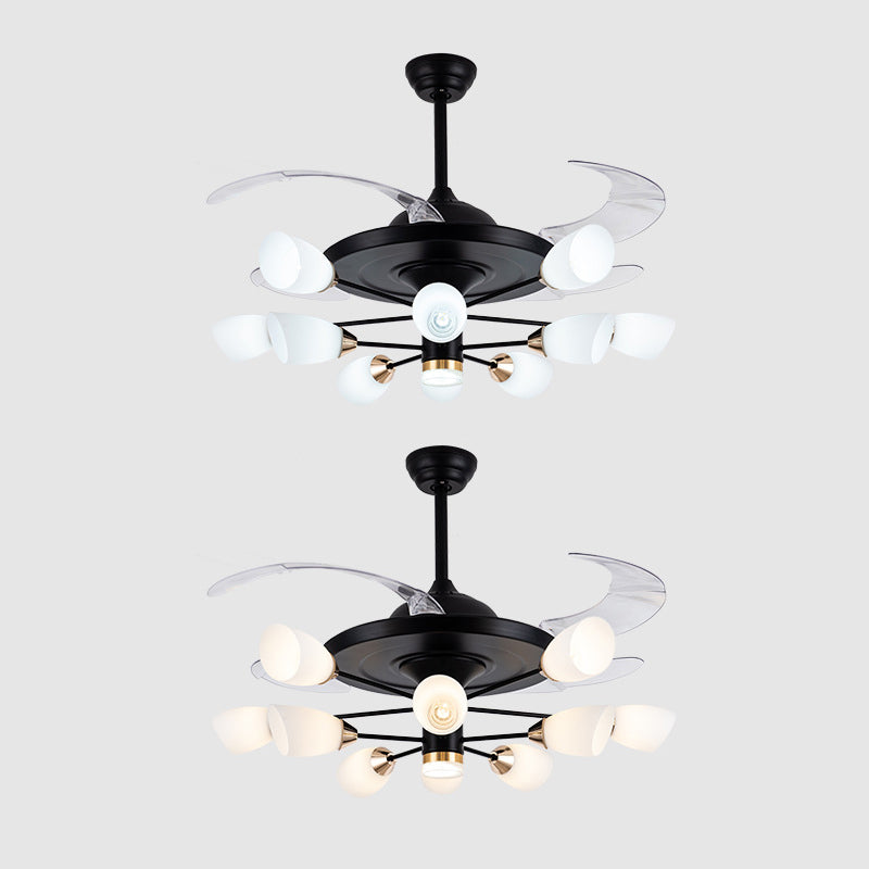 Modern Tulip 4-Blade Hanging Fan Light White Glass 10-Head Living Room Semi Flush Chandelier in Black, 42" W Clearhalo 'Ceiling Fans with Lights' 'Ceiling Fans' 'Modern Ceiling Fans' 'Modern' Lighting' 2477540