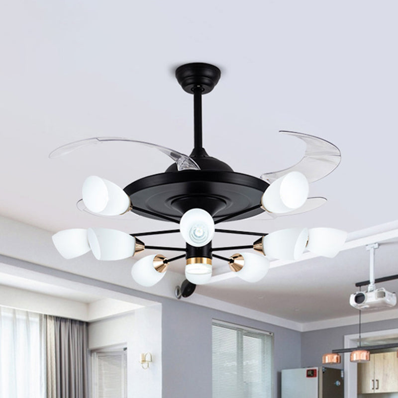 Modern Tulip 4-Blade Hanging Fan Light White Glass 10-Head Living Room Semi Flush Chandelier in Black, 42" W Clearhalo 'Ceiling Fans with Lights' 'Ceiling Fans' 'Modern Ceiling Fans' 'Modern' Lighting' 2477541