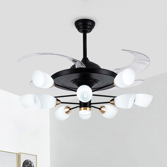 Modern Tulip 4-Blade Hanging Fan Light White Glass 10-Head Living Room Semi Flush Chandelier in Black, 42" W Clearhalo 'Ceiling Fans with Lights' 'Ceiling Fans' 'Modern Ceiling Fans' 'Modern' Lighting' 2477542