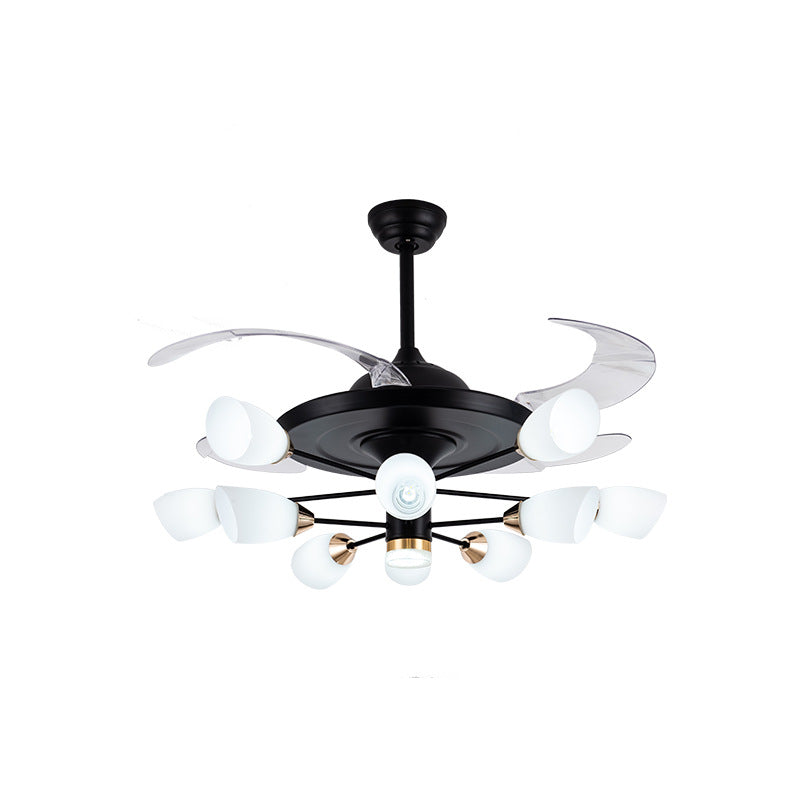 Modern Tulip 4-Blade Hanging Fan Light White Glass 10-Head Living Room Semi Flush Chandelier in Black, 42" W Clearhalo 'Ceiling Fans with Lights' 'Ceiling Fans' 'Modern Ceiling Fans' 'Modern' Lighting' 2477543