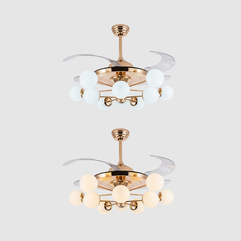 42" Wide Milk Glass Ball Pendant Fan Lamp Postmodern Rose Gold Semi Flush Light with 4 Clear Blades Clearhalo 'Ceiling Fans with Lights' 'Ceiling Fans' 'Modern Ceiling Fans' 'Modern' Lighting' 2477545