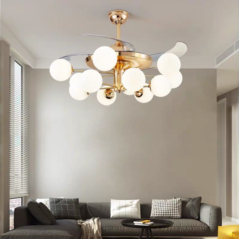 42" Wide Milk Glass Ball Pendant Fan Lamp Postmodern Rose Gold Semi Flush Light with 4 Clear Blades 12.0 Gold Clearhalo 'Ceiling Fans with Lights' 'Ceiling Fans' 'Modern Ceiling Fans' 'Modern' Lighting' 2477548
