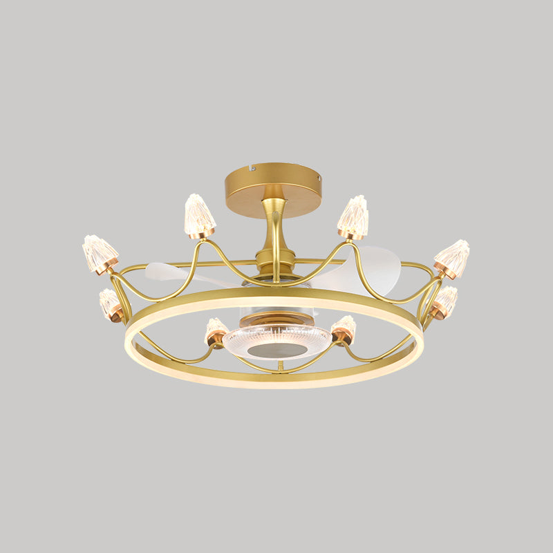 26.5" W Remote Control Crown Shaped LED Fan Light Postmodern Acrylic Living Room Semi Flush Light with 3 Blades Gold Remote Clearhalo 'Ceiling Fans with Lights' 'Ceiling Fans' 'Modern Ceiling Fans' 'Modern' Lighting' 2477562
