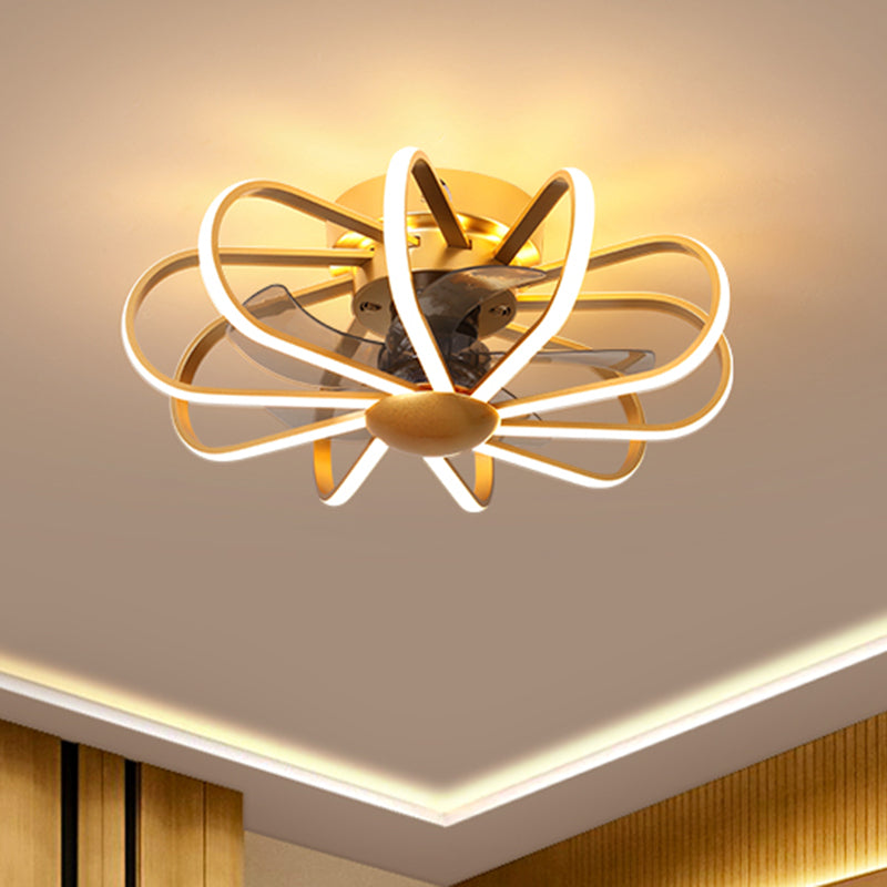 23.5" W Gold Cage Semi Mount Lighting Minimalist Metal LED Ceiling Fan Light Fixture with 5 Blades and Remote Clearhalo 'Ceiling Fans with Lights' 'Ceiling Fans' 'Modern Ceiling Fans' 'Modern' Lighting' 2477583