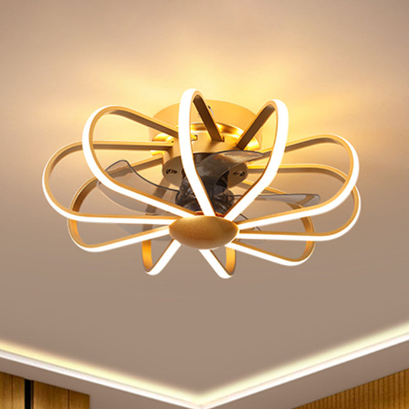 23.5" W Gold Cage Semi Mount Lighting Minimalist Metal LED Ceiling Fan Light Fixture with 5 Blades and Remote Gold Remote Flower Shape Clearhalo 'Ceiling Fans with Lights' 'Ceiling Fans' 'Modern Ceiling Fans' 'Modern' Lighting' 2477584