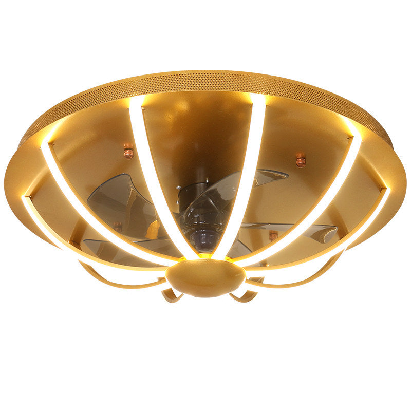 23.5" W Gold Cage Semi Mount Lighting Minimalist Metal LED Ceiling Fan Light Fixture with 5 Blades and Remote Clearhalo 'Ceiling Fans with Lights' 'Ceiling Fans' 'Modern Ceiling Fans' 'Modern' Lighting' 2477586
