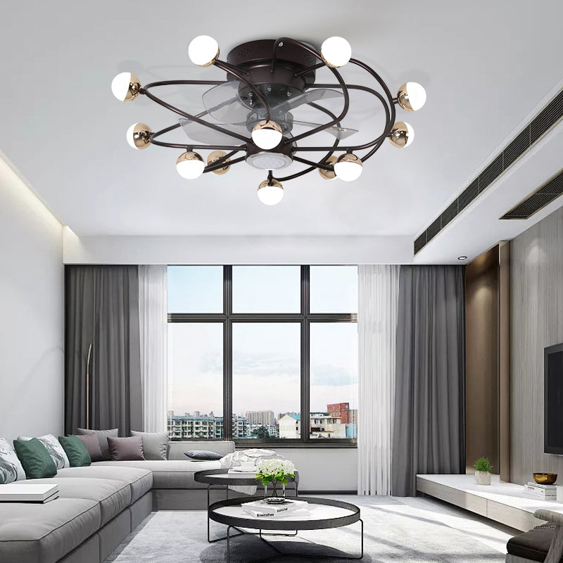 27.5" W 5 Blades Nordic LED Semi Flush Light Ball Cage Remote Control Hanging Fan Light with Metal Shade Clearhalo 'Ceiling Fans with Lights' 'Ceiling Fans' 'Modern Ceiling Fans' 'Modern' Lighting' 2477591