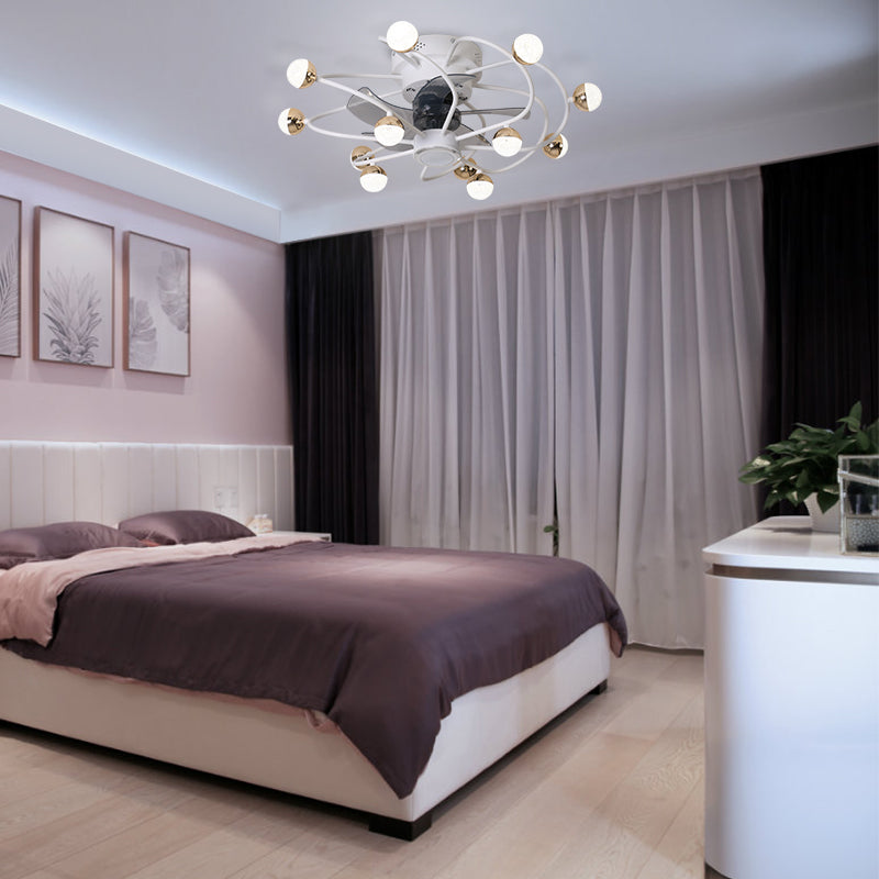 27.5" W 5 Blades Nordic LED Semi Flush Light Ball Cage Remote Control Hanging Fan Light with Metal Shade Clearhalo 'Ceiling Fans with Lights' 'Ceiling Fans' 'Modern Ceiling Fans' 'Modern' Lighting' 2477596