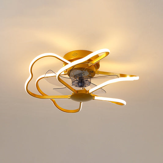 Metal Flower Semi Flush Ceiling Light Fixture Modern Remote Control 5-Blade LED Fan Lamp Gold 23.5" Remote Clearhalo 'Ceiling Fans with Lights' 'Ceiling Fans' 'Modern Ceiling Fans' 'Modern' Lighting' 2477641