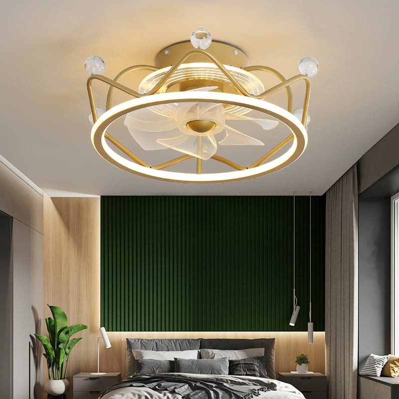 Gold Circular LED Semi Flush Mount Simplicity Acrylic Remote Control Ceiling Fan Lighting Fixture Gold Remote Crown Clearhalo 'Ceiling Fans with Lights' 'Ceiling Fans' 'Modern Ceiling Fans' 'Modern' Lighting' 2477672
