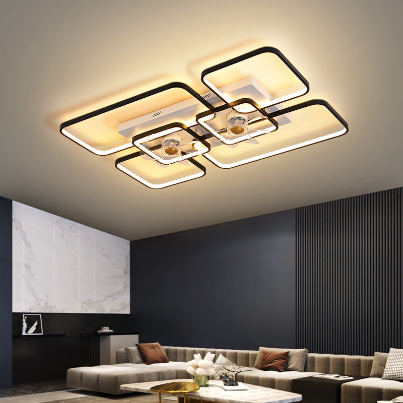 Remote Control Rectangular Ceiling Fan Lamp Contemporary Acrylic Living Room LED Semi Flush Light with 7-Blade Black-White Remote Clearhalo 'Ceiling Fans with Lights' 'Ceiling Fans' 'Modern Ceiling Fans' 'Modern' Lighting' 2477680