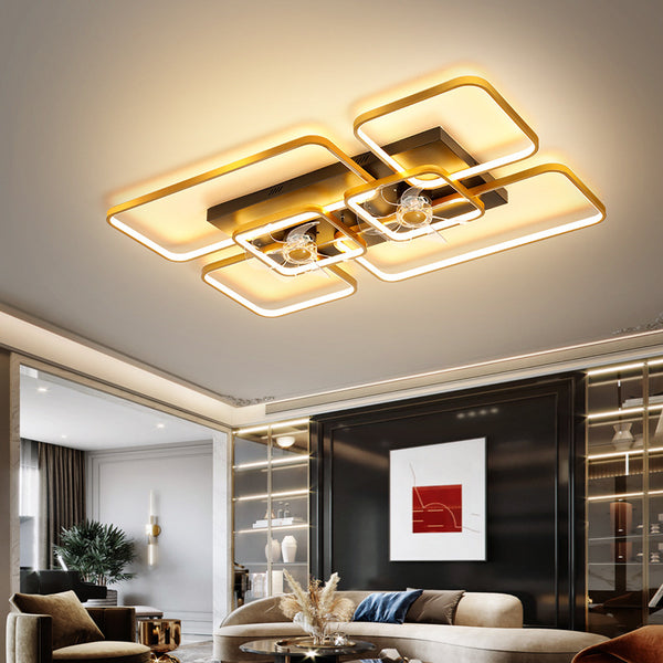 Lampe de ventilateur de plafond rectangulaire télécommandée, lampe LED semi-encastrée contemporaine en acrylique pour salon avec 7 pales