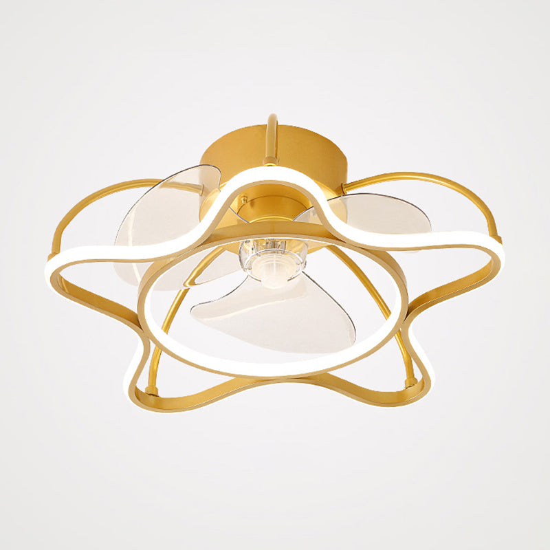 Aluminum Halo Semi-Flush Mount Lighting Minimalism 3-Blade LED Ceiling Fan Light Fixture with Remote, 19.5" Wide Gold Remote Flower Shape Clearhalo 'Ceiling Fans with Lights' 'Ceiling Fans' 'Modern Ceiling Fans' 'Modern' Lighting' 2477741