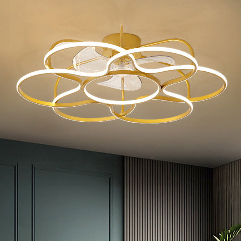 3 Blades Flower Ceiling Fan Lamp Modern Metal Remote Control LED Semi Flush Light for Dining Room Clearhalo 'Ceiling Fans with Lights' 'Ceiling Fans' 'Modern Ceiling Fans' 'Modern' Lighting' 2477750