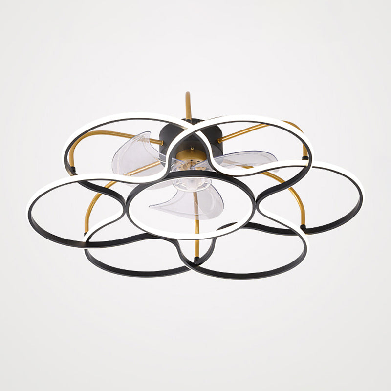3 Blades Flower Ceiling Fan Lamp Modern Metal Remote Control LED Semi Flush Light for Dining Room Black Remote Clearhalo 'Ceiling Fans with Lights' 'Ceiling Fans' 'Modern Ceiling Fans' 'Modern' Lighting' 2477751