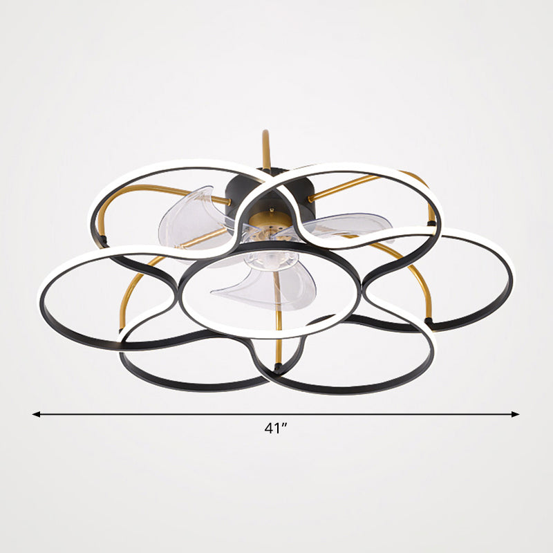 3 Blades Flower Ceiling Fan Lamp Modern Metal Remote Control LED Semi Flush Light for Dining Room Clearhalo 'Ceiling Fans with Lights' 'Ceiling Fans' 'Modern Ceiling Fans' 'Modern' Lighting' 2477757