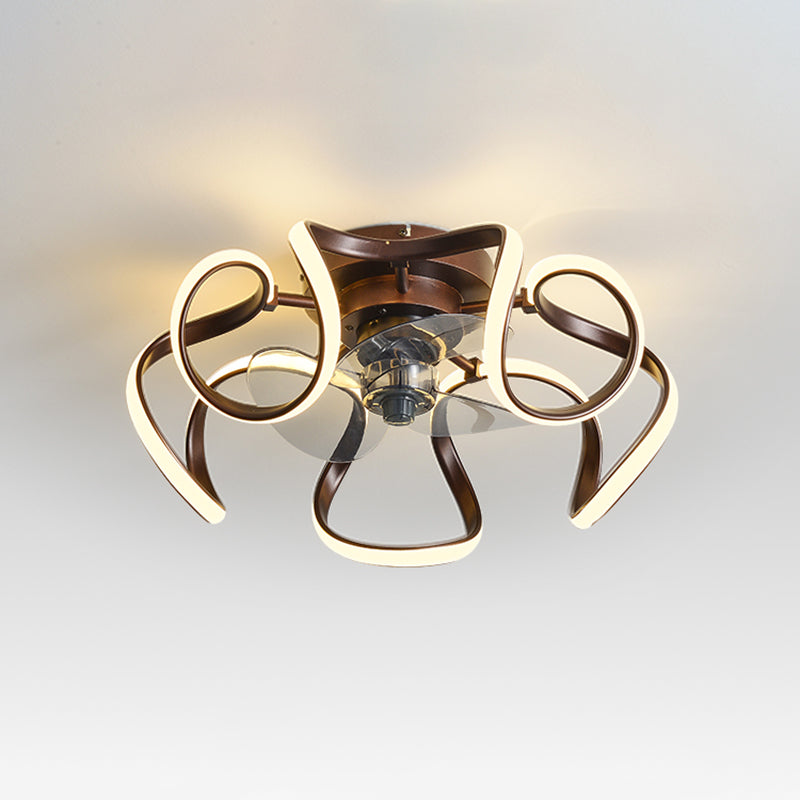Metal Twist 7 Blades Ceiling Fan Lamp Simple Style 19.5" Wide LED Semi Flush Light Fixture with Remote Brown Remote Clearhalo 'Ceiling Fans with Lights' 'Ceiling Fans' 'Modern Ceiling Fans' 'Modern' Lighting' 2477784
