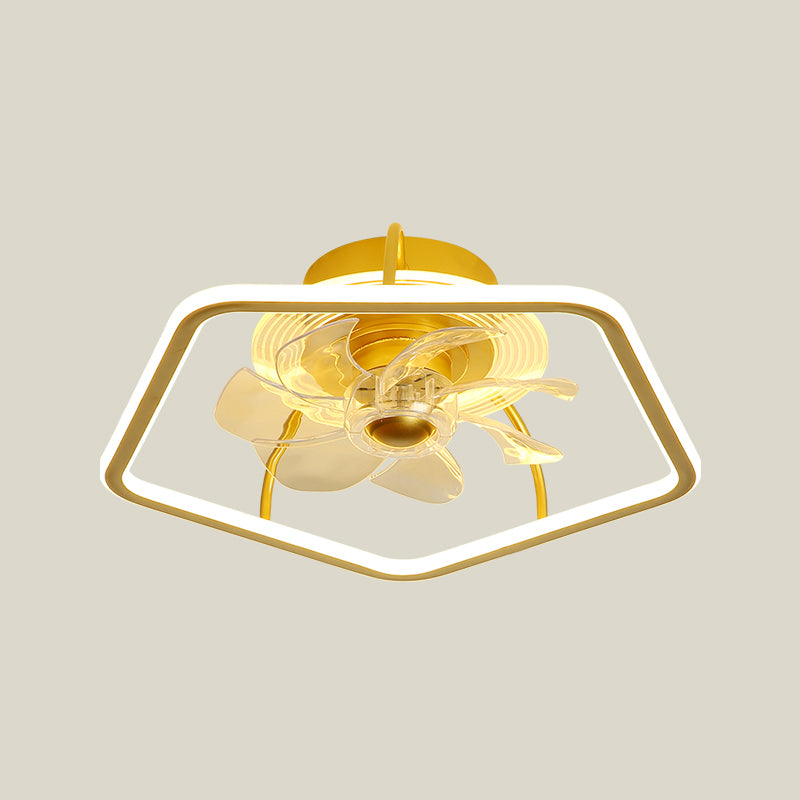 Minimalist Halo Ring LED Semi Flush Light Acrylic Bedroom Remote Control Ceiling Fan Light with 7 Blades Gold Remote Pentagon Clearhalo 'Ceiling Fans with Lights' 'Ceiling Fans' 'Modern Ceiling Fans' 'Modern' Lighting' 2477799