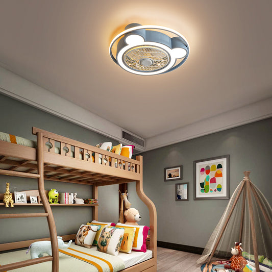 5-Blade Cartoon Bear Ceiling Fan Lighting Acrylic Child Room 21.5" W LED Semi Flush Lamp with Metal Ring, Remote Control Clearhalo 'Ceiling Fans with Lights' 'Ceiling Fans' 'Kids Ceiling Fans' 'Kids' Lighting' 2477823