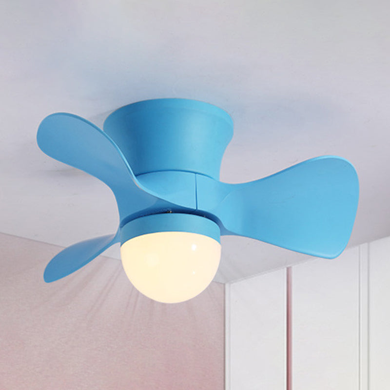 Flared Metal 3 Blades Ceiling Fan Lamp Fixture Macaron Remote Control LED Semi Flush, 23.5" Wide Blue Remote Globe Clearhalo 'Ceiling Fans with Lights' 'Ceiling Fans' 'Kids Ceiling Fans' 'Kids' Lighting' 2477825