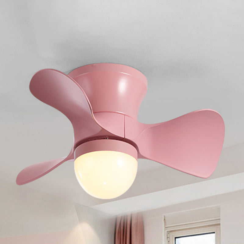 Flared Metal 3 Blades Ceiling Fan Lamp Fixture Macaron Remote Control LED Semi Flush, 23.5" Wide Pink Remote Globe Clearhalo 'Ceiling Fans with Lights' 'Ceiling Fans' 'Kids Ceiling Fans' 'Kids' Lighting' 2477828