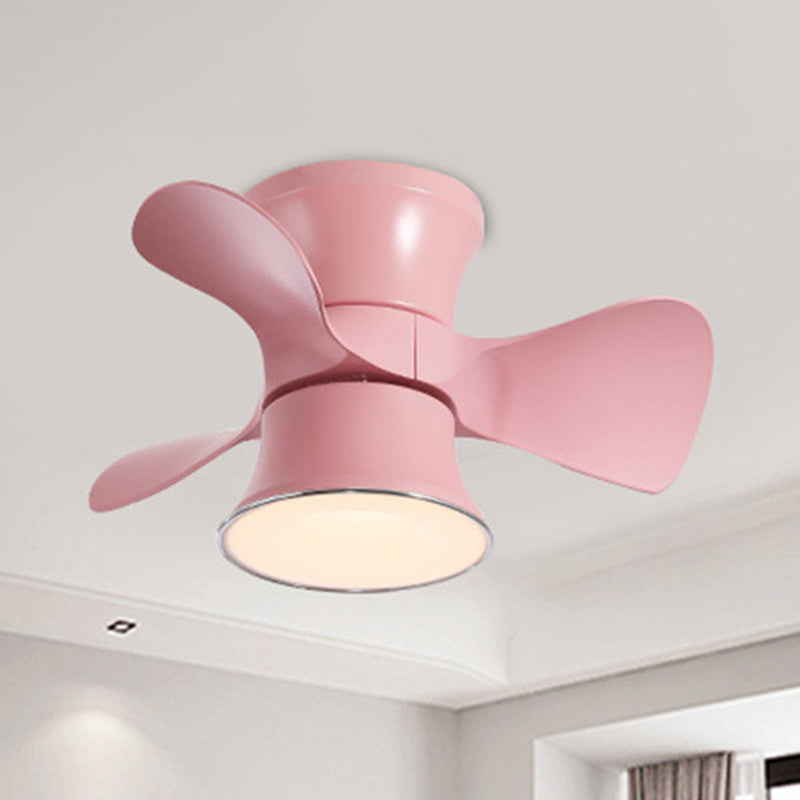 Flared Metal 3 Blades Ceiling Fan Lamp Fixture Macaron Remote Control LED Semi Flush, 23.5" Wide Pink Remote Cone Clearhalo 'Ceiling Fans with Lights' 'Ceiling Fans' 'Kids Ceiling Fans' 'Kids' Lighting' 2477836