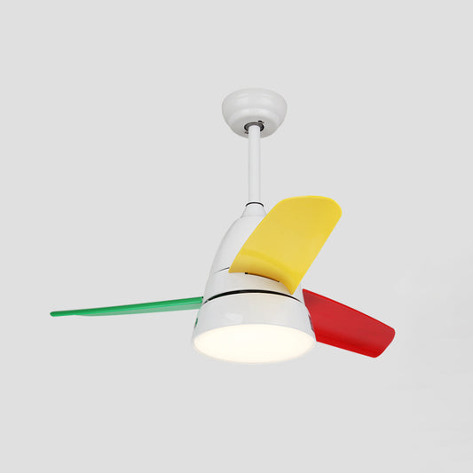 Macaron Style Conical Hanging Fan Light Metal Kids Room 26" Wide LED Semi Flush Ceiling Light, 3 Blades Red-Yellow-Green Clearhalo 'Ceiling Fans with Lights' 'Ceiling Fans' 'Modern Ceiling Fans' 'Modern' Lighting' 2477917