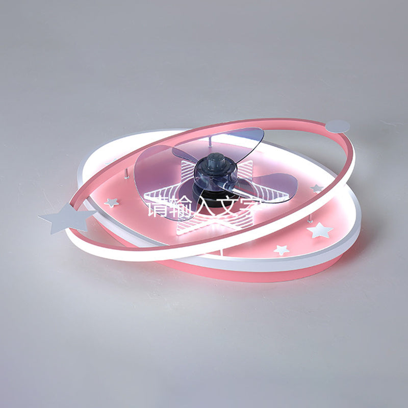 Remote Control Oval Child Room Semi Flush Mount Light Metal 21.5" Wide LED Minimalist Ceiling Fan Lamp, 3 Blades Pink Remote Clearhalo 'Ceiling Fans with Lights' 'Ceiling Fans' 'Modern Ceiling Fans' 'Modern' Lighting' 2477940