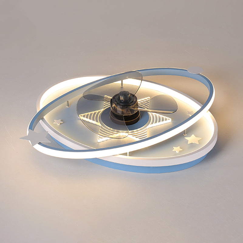 Remote Control Oval Child Room Semi Flush Mount Light Metal 21.5" Wide LED Minimalist Ceiling Fan Lamp, 3 Blades Water Blue Remote Clearhalo 'Ceiling Fans with Lights' 'Ceiling Fans' 'Modern Ceiling Fans' 'Modern' Lighting' 2477941