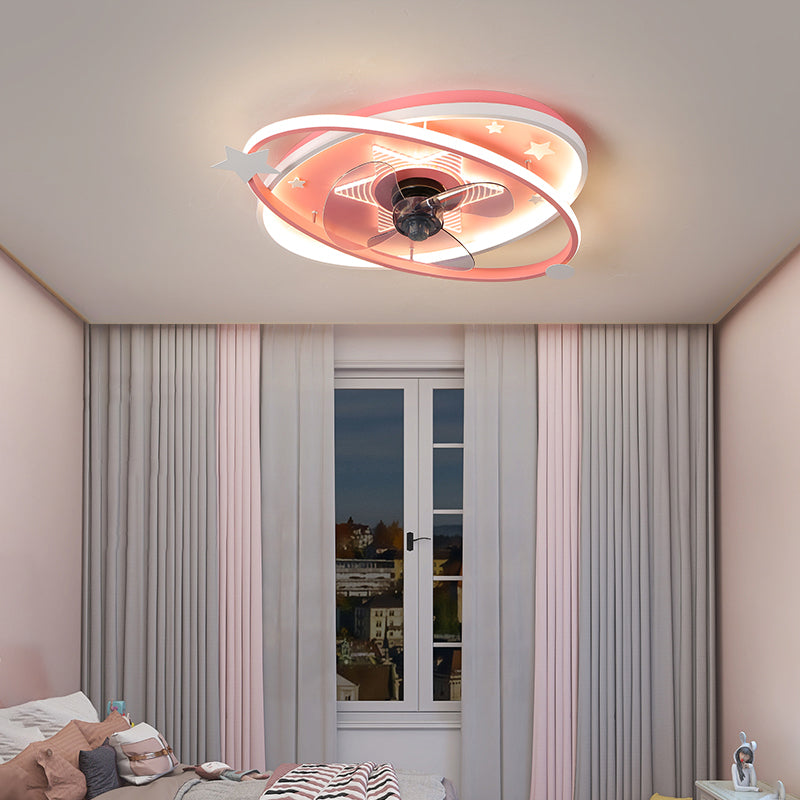 Remote Control Oval Child Room Semi Flush Mount Light Metal 21.5" Wide LED Minimalist Ceiling Fan Lamp, 3 Blades Clearhalo 'Ceiling Fans with Lights' 'Ceiling Fans' 'Modern Ceiling Fans' 'Modern' Lighting' 2477942