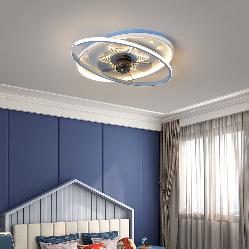 Remote Control Oval Child Room Semi Flush Mount Light Metal 21.5" Wide LED Minimalist Ceiling Fan Lamp, 3 Blades Clearhalo 'Ceiling Fans with Lights' 'Ceiling Fans' 'Modern Ceiling Fans' 'Modern' Lighting' 2477944