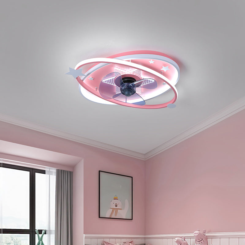 Remote Control Oval Child Room Semi Flush Mount Light Metal 21.5" Wide LED Minimalist Ceiling Fan Lamp, 3 Blades Clearhalo 'Ceiling Fans with Lights' 'Ceiling Fans' 'Modern Ceiling Fans' 'Modern' Lighting' 2477946