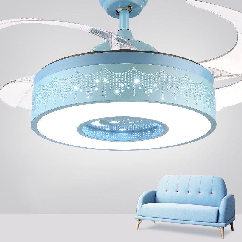 Metal Drum Shaped Hanging Fan Light Fixture Macaron LED Semi Flush Ceiling Light with Remote, 3-Blade Clearhalo 'Ceiling Fans with Lights' 'Ceiling Fans' 'Modern Ceiling Fans' 'Modern' Lighting' 2477963