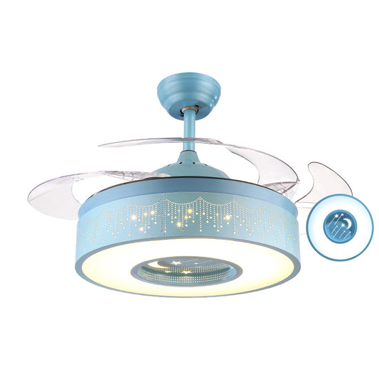 Metal Drum Shaped Hanging Fan Light Fixture Macaron LED Semi Flush Ceiling Light with Remote, 3-Blade Blue Remote Clearhalo 'Ceiling Fans with Lights' 'Ceiling Fans' 'Modern Ceiling Fans' 'Modern' Lighting' 2477964