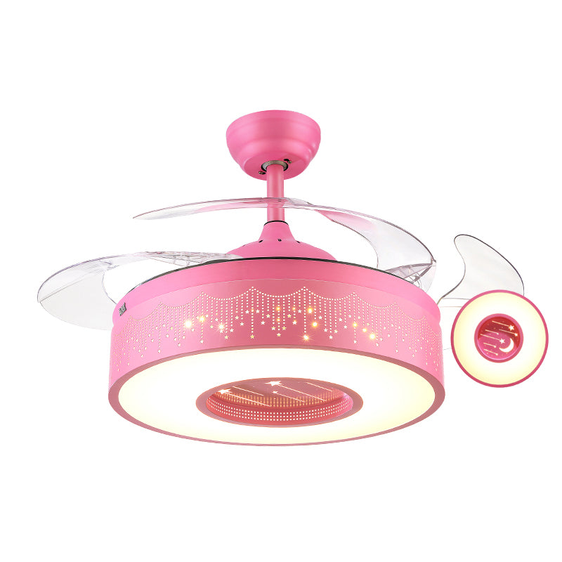 Metal Drum Shaped Hanging Fan Light Fixture Macaron LED Semi Flush Ceiling Light with Remote, 3-Blade Pink Remote Clearhalo 'Ceiling Fans with Lights' 'Ceiling Fans' 'Modern Ceiling Fans' 'Modern' Lighting' 2477965