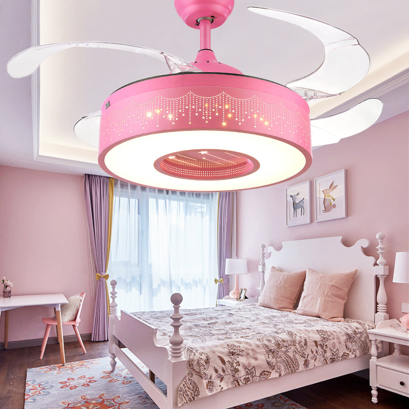 Metal Drum Shaped Hanging Fan Light Fixture Macaron LED Semi Flush Ceiling Light with Remote, 3-Blade Clearhalo 'Ceiling Fans with Lights' 'Ceiling Fans' 'Modern Ceiling Fans' 'Modern' Lighting' 2477966