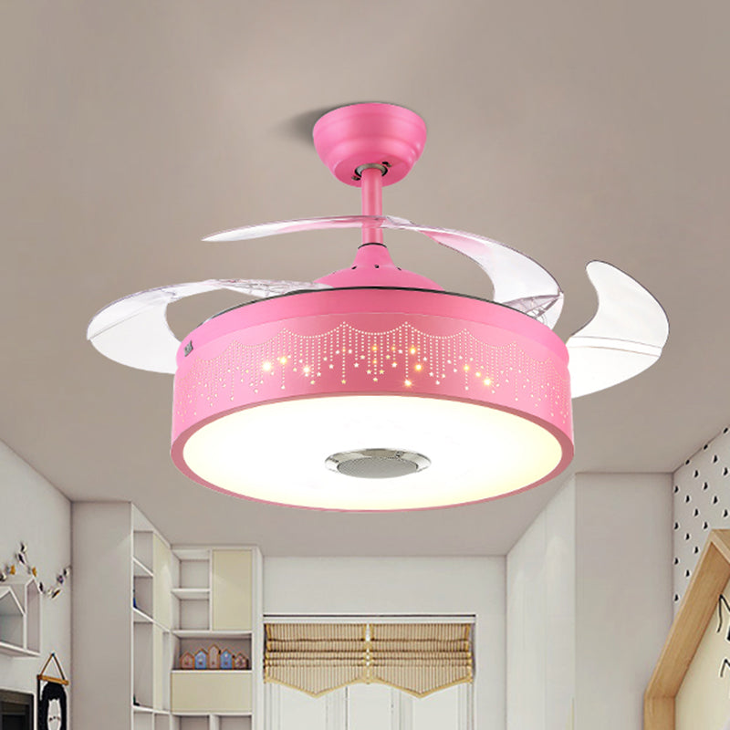 Metal Drum Shaped Hanging Fan Light Fixture Macaron LED Semi Flush Ceiling Light with Remote, 3-Blade Clearhalo 'Ceiling Fans with Lights' 'Ceiling Fans' 'Modern Ceiling Fans' 'Modern' Lighting' 2477967