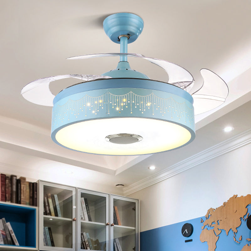 Metal Drum Shaped Hanging Fan Light Fixture Macaron LED Semi Flush Ceiling Light with Remote, 3-Blade Clearhalo 'Ceiling Fans with Lights' 'Ceiling Fans' 'Modern Ceiling Fans' 'Modern' Lighting' 2477968