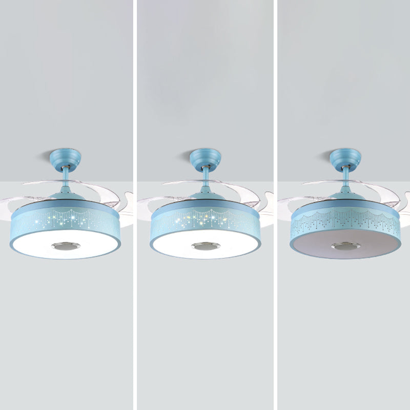 Metal Drum Shaped Hanging Fan Light Fixture Macaron LED Semi Flush Ceiling Light with Remote, 3-Blade Clearhalo 'Ceiling Fans with Lights' 'Ceiling Fans' 'Modern Ceiling Fans' 'Modern' Lighting' 2477969