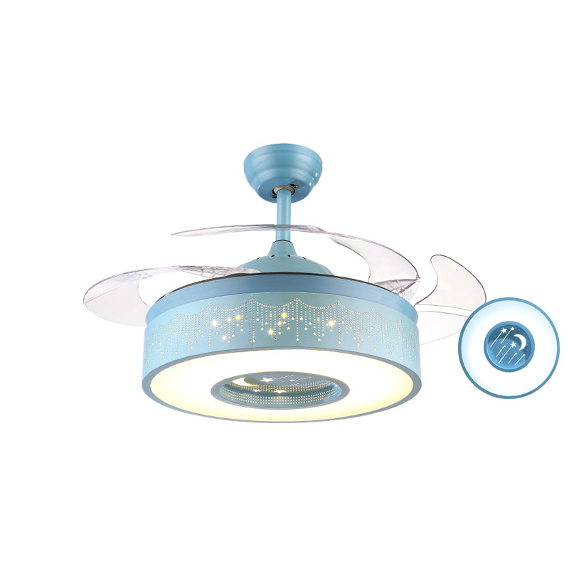 Metal Drum Shaped Hanging Fan Light Fixture Macaron LED Semi Flush Ceiling Light with Remote, 3-Blade Clearhalo 'Ceiling Fans with Lights' 'Ceiling Fans' 'Modern Ceiling Fans' 'Modern' Lighting' 2477971