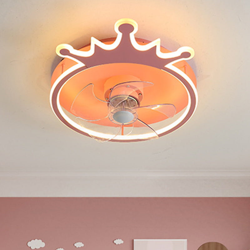 Loop Shaped Aluminum Fan Lighting Cartoon Pink Semi Flush Mounted Ceiling LED Light with Remote Control Pink Remote Crown Clearhalo 'Ceiling Fans with Lights' 'Ceiling Fans' 'Kids Ceiling Fans' 'Kids' 'Modern Ceiling Fans' 'Modern' Lighting' 2477983