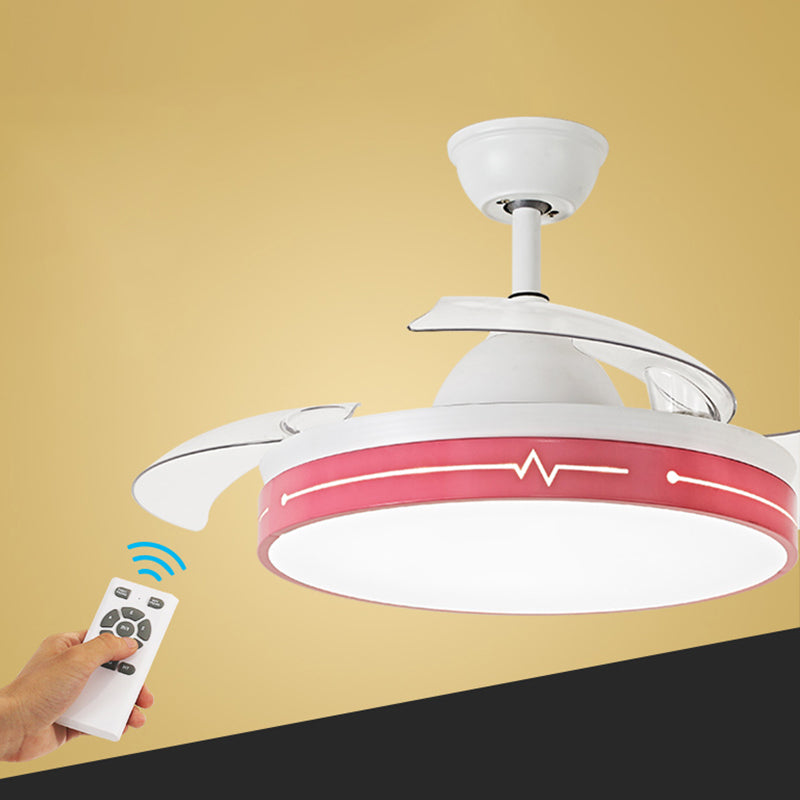 Remote Control Round 3-Blade Pendant Fan Lamp Nordic Metal Dining Room LED Semi Flush Mount Ceiling Fixture Pink Remote Clearhalo 'Ceiling Fans with Lights' 'Ceiling Fans' 'Modern Ceiling Fans' 'Modern' Lighting' 2478001