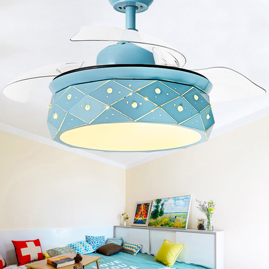 42" W Hollowed-out Hanging Fan Lamp Macaron Metal Bedroom LED Semi Flush Light with 3-Blade and Remote, Frequency Conversion Blue Frequency Conversion Remote Clearhalo 'Ceiling Fans with Lights' 'Ceiling Fans' 'Modern Ceiling Fans' 'Modern' Lighting' 2478012