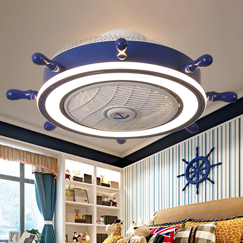 Navy Blue Rudder Fan Light Fixture Childrens Metal Remote Control LED Semi Flush Ceiling Light with 7 Blades, 23.5" W Clearhalo 'Ceiling Fans with Lights' 'Ceiling Fans' 'Modern Ceiling Fans' 'Modern' Lighting' 2478016